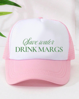 Pink and white cap with 'Save water DRINK MARGS' text on a light background