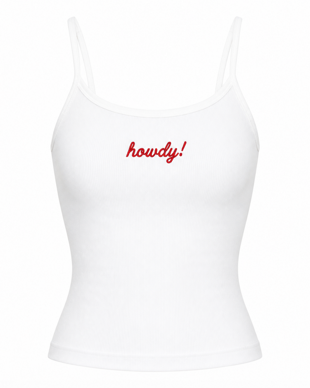 White tank top with 'howdy!' text in red on a white background