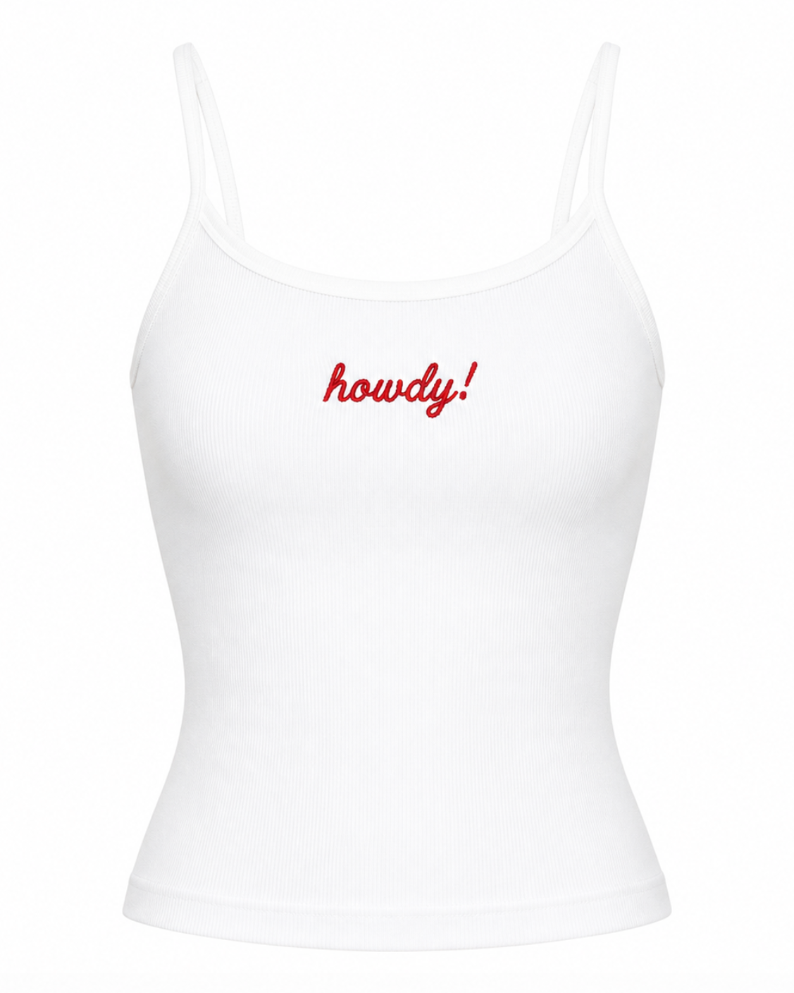 White tank top with 'howdy!' text in red on a white background