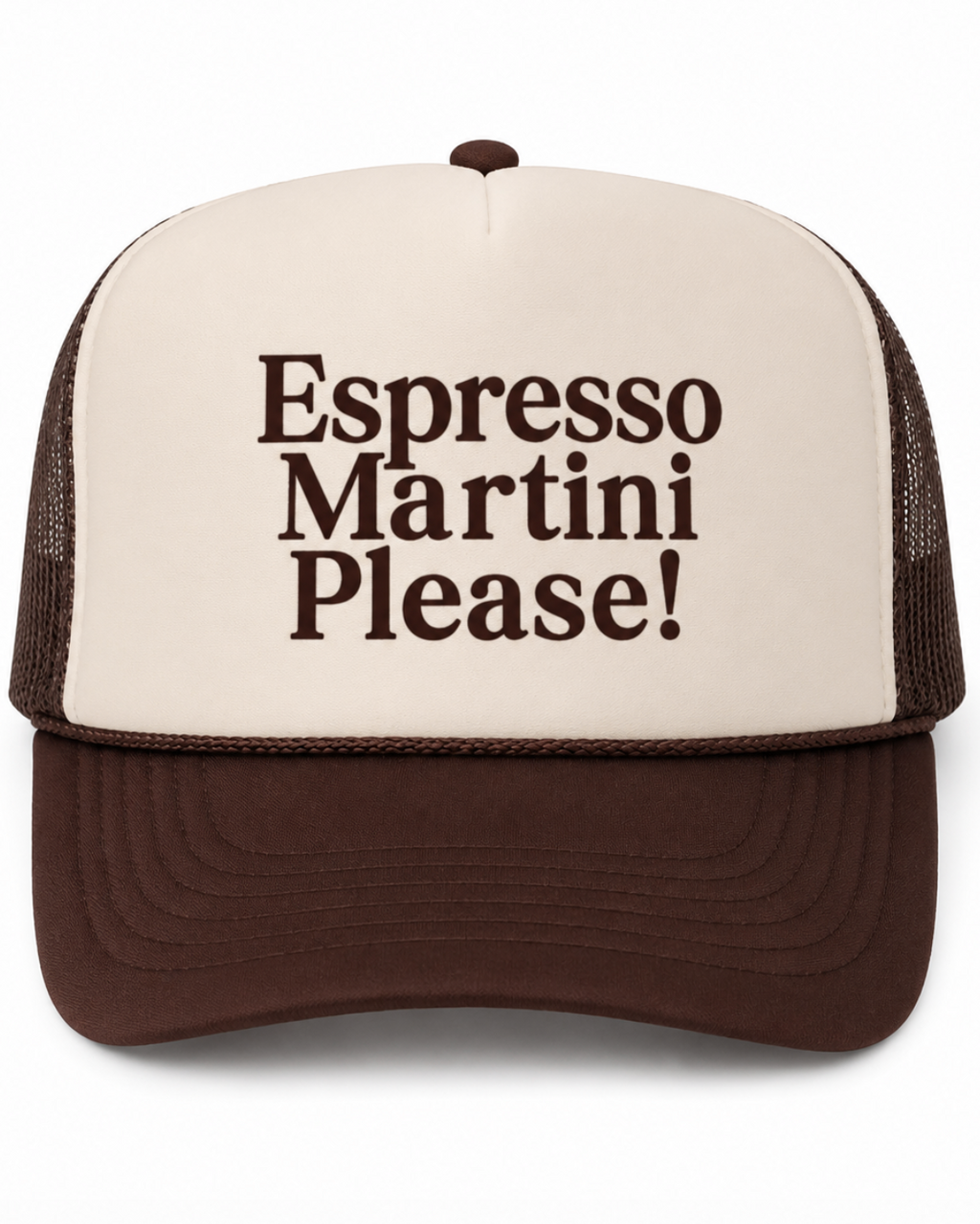Trucker hat with 'Espresso Martini Please!' text on a white background