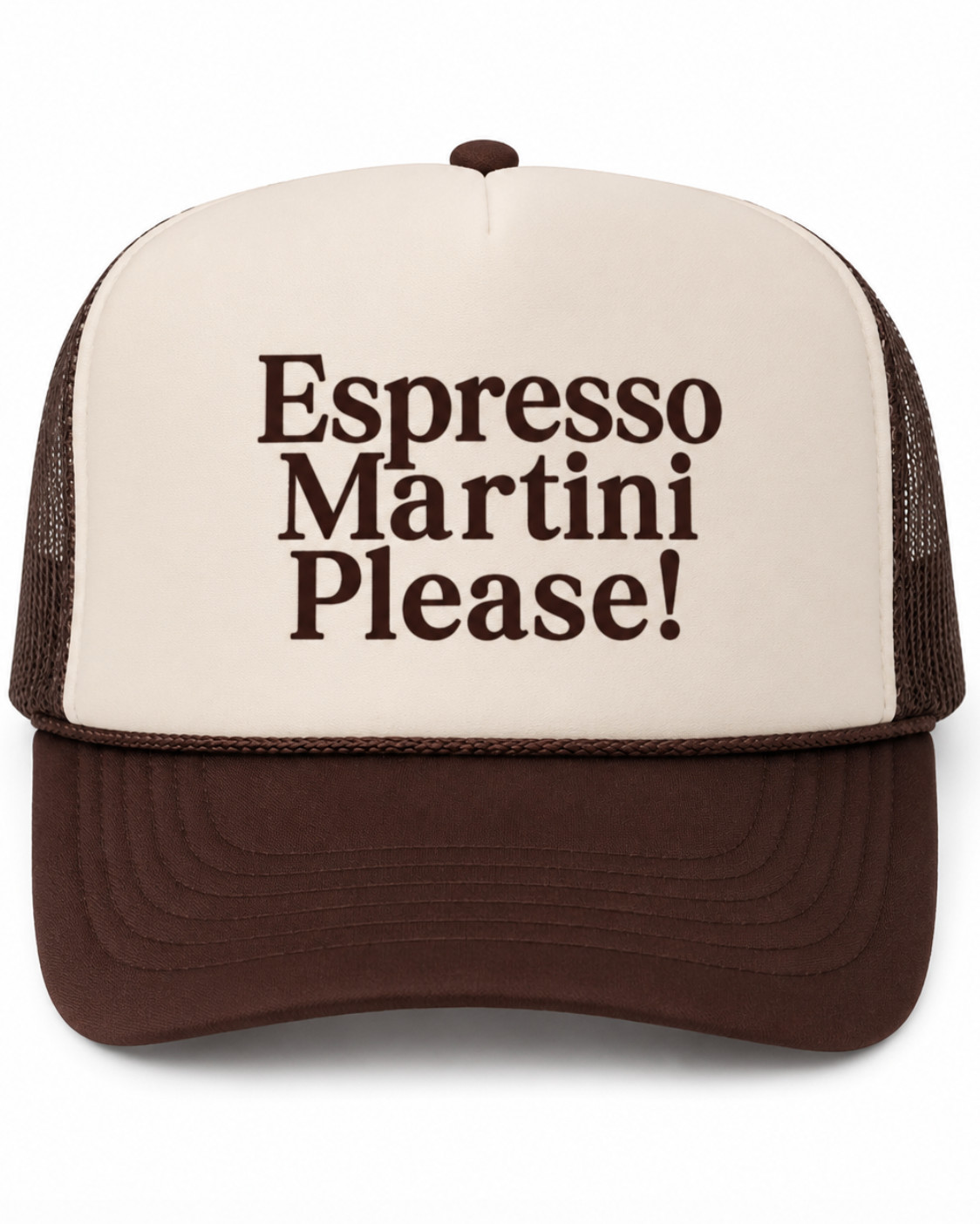 Trucker hat with 'Espresso Martini Please!' text on a white background