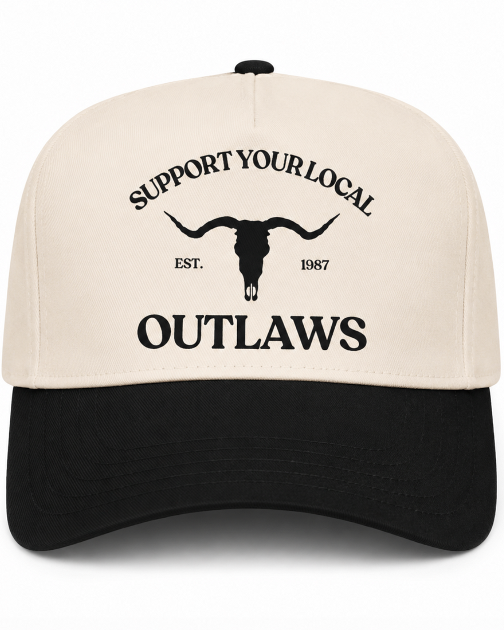 Cap with 'Support Your Local Outlaws' text and longhorn skull design on a white background