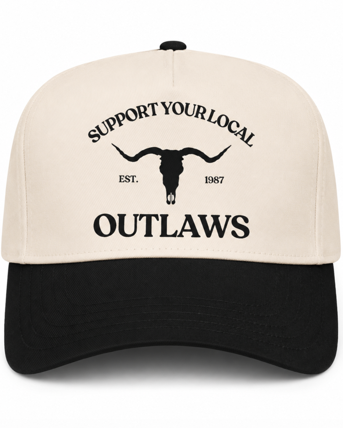 Cap with 'Support Your Local Outlaws' text and longhorn skull design on a white background