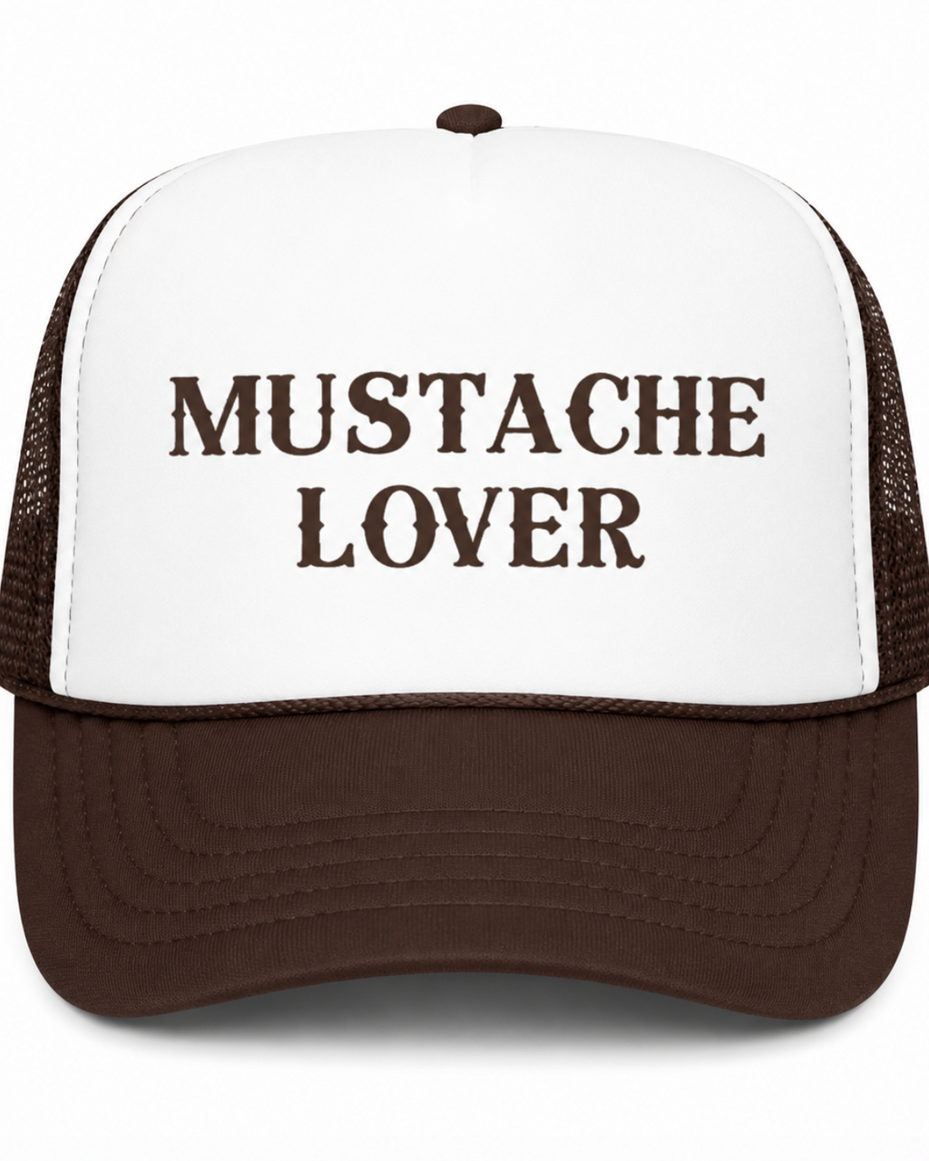 Trucker hat with 'Mustache Lover' text on a white background