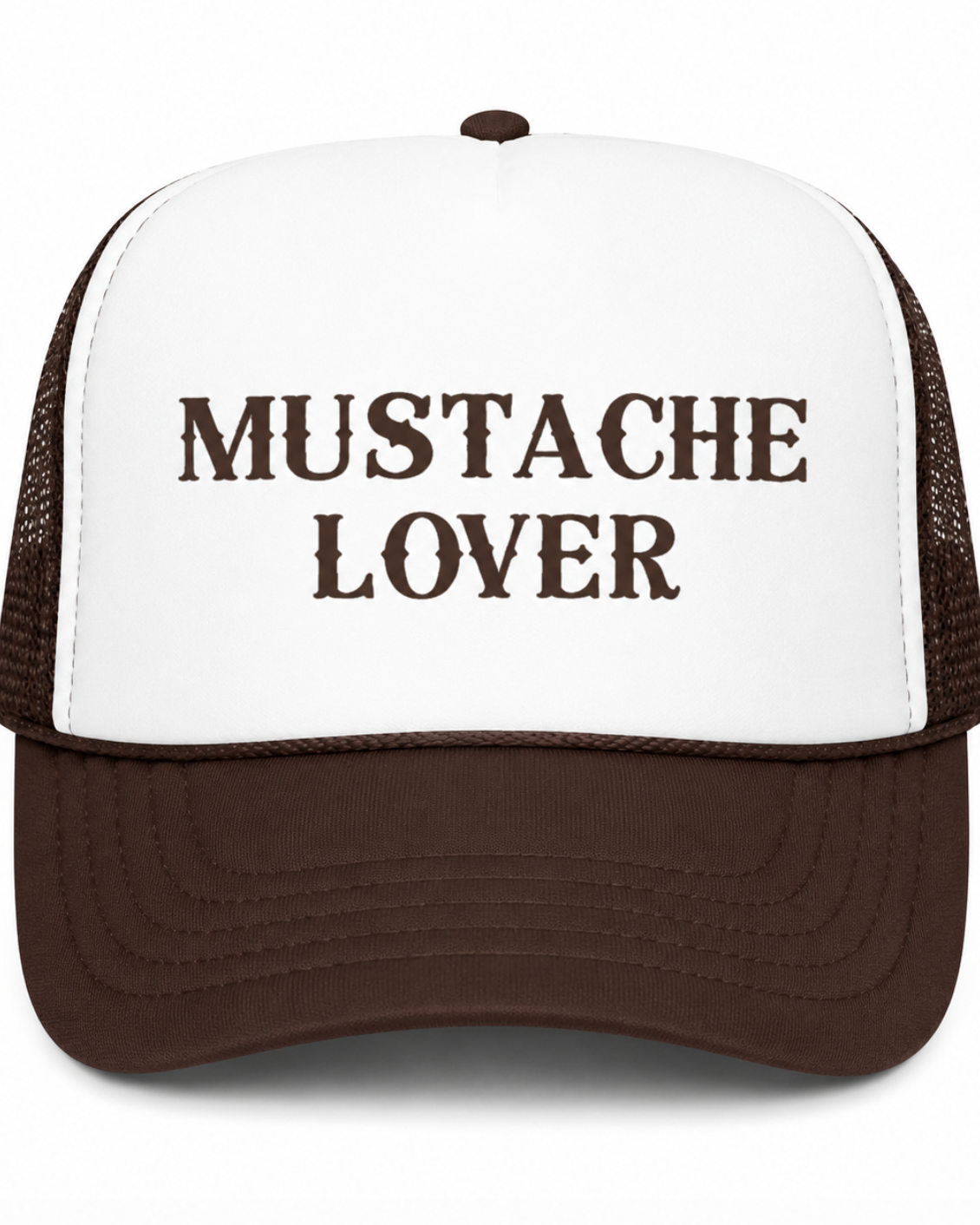 Trucker hat with 'Mustache Lover' text on a white background