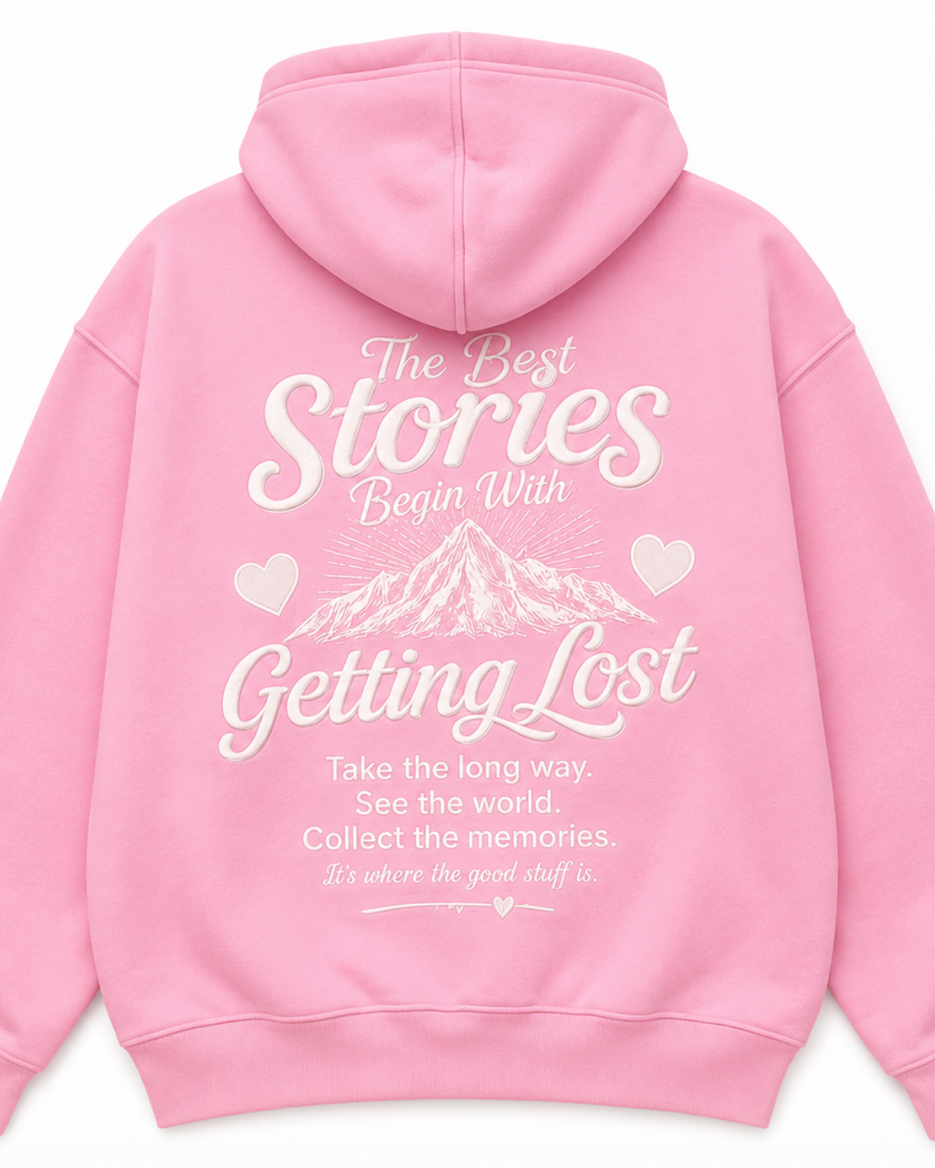 Pink hoodie with white text on the back on a white background