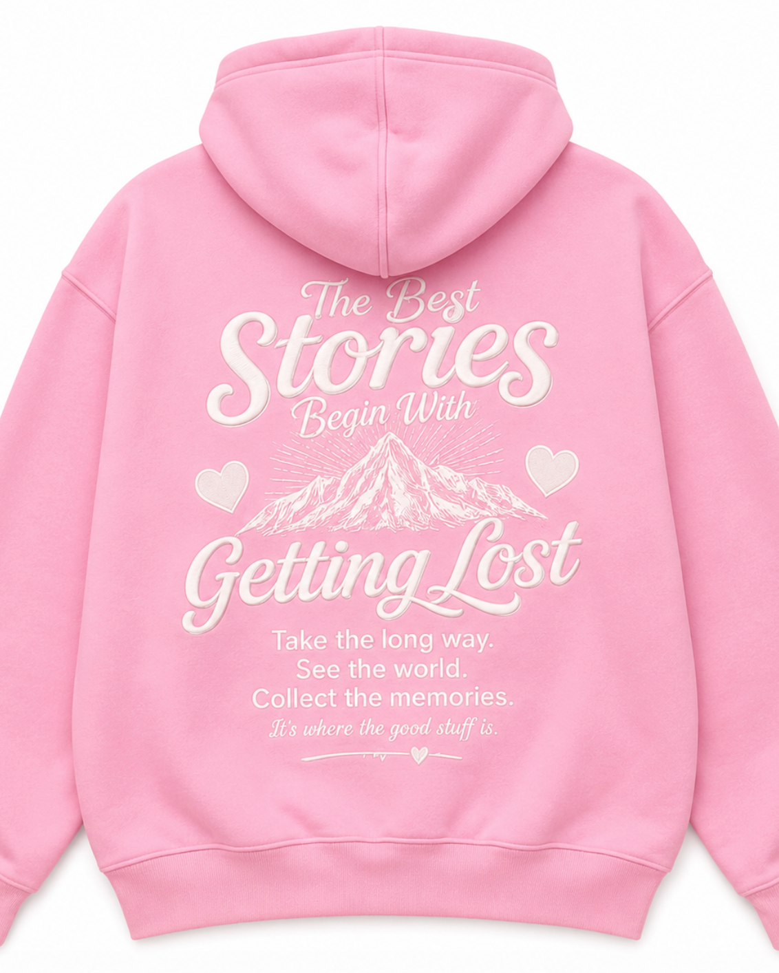 Pink hoodie with white text on the back on a white background