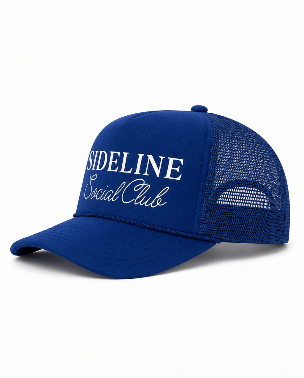 A royal blue trucker hat with white embroidered text reading 'SIDELINE Social Club' on the front panel, shown against a plain white background.