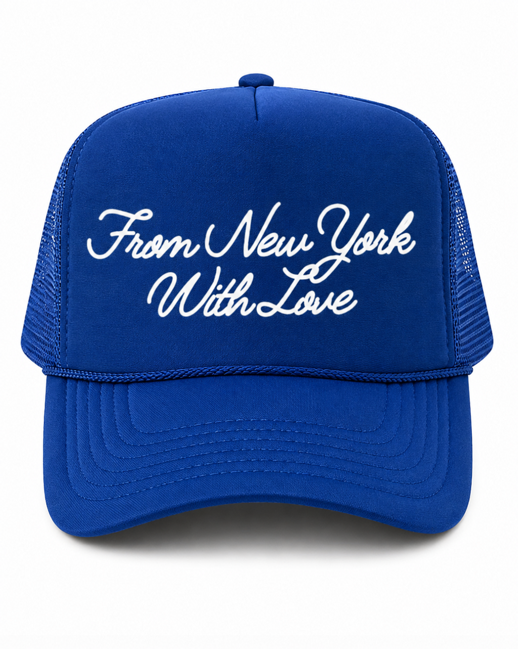 A royal blue trucker hat with white embroidered text reading 'From New York With Love' on the front, shown against a plain white background.
