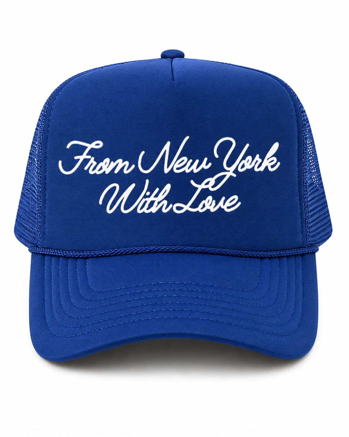 A royal blue trucker hat with white embroidered text reading 'From New York With Love' on the front, shown against a plain white background.