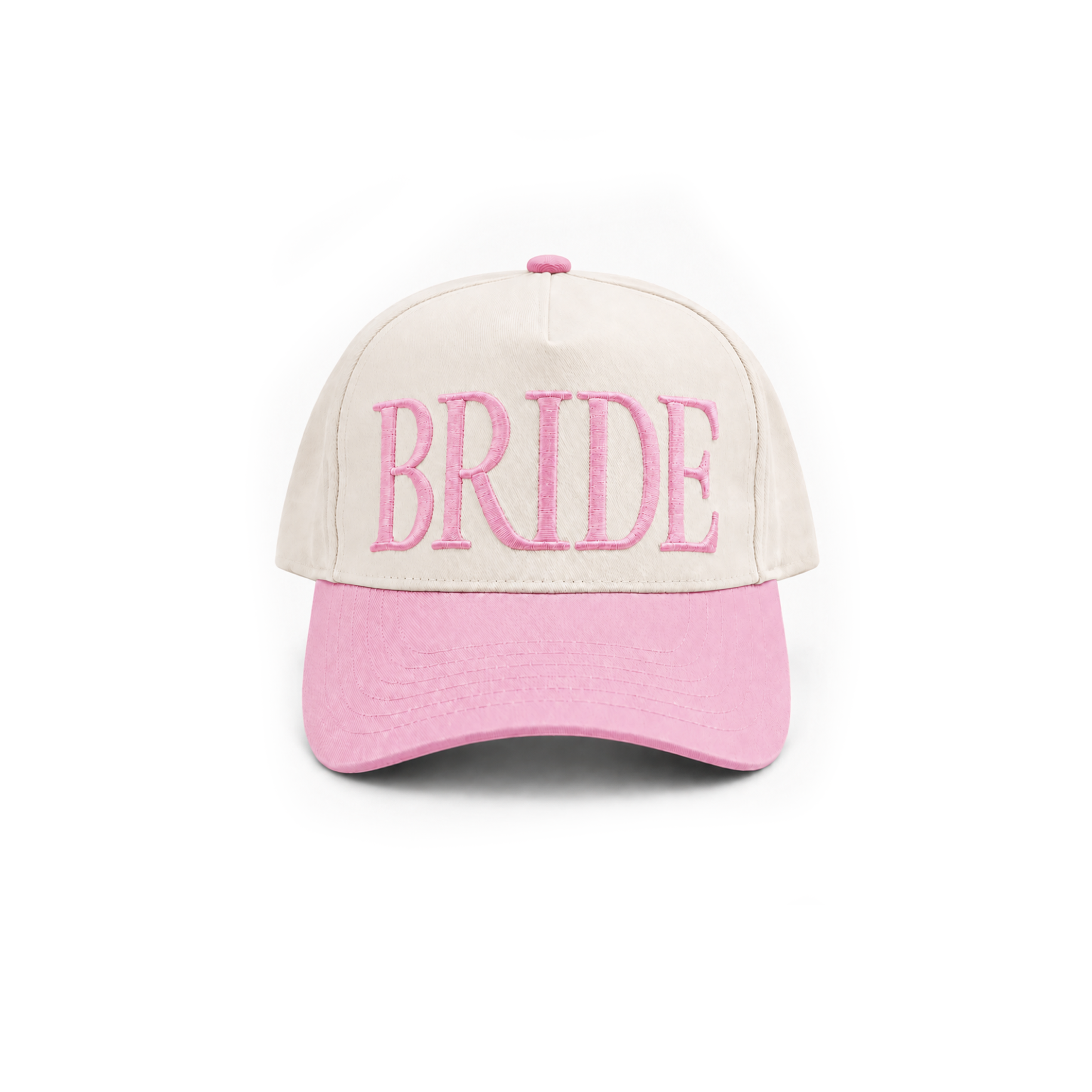 A baseball cap with an off-white crown and a pink brim, featuring the word 'BRIDE' embroidered in pink across the front panels.