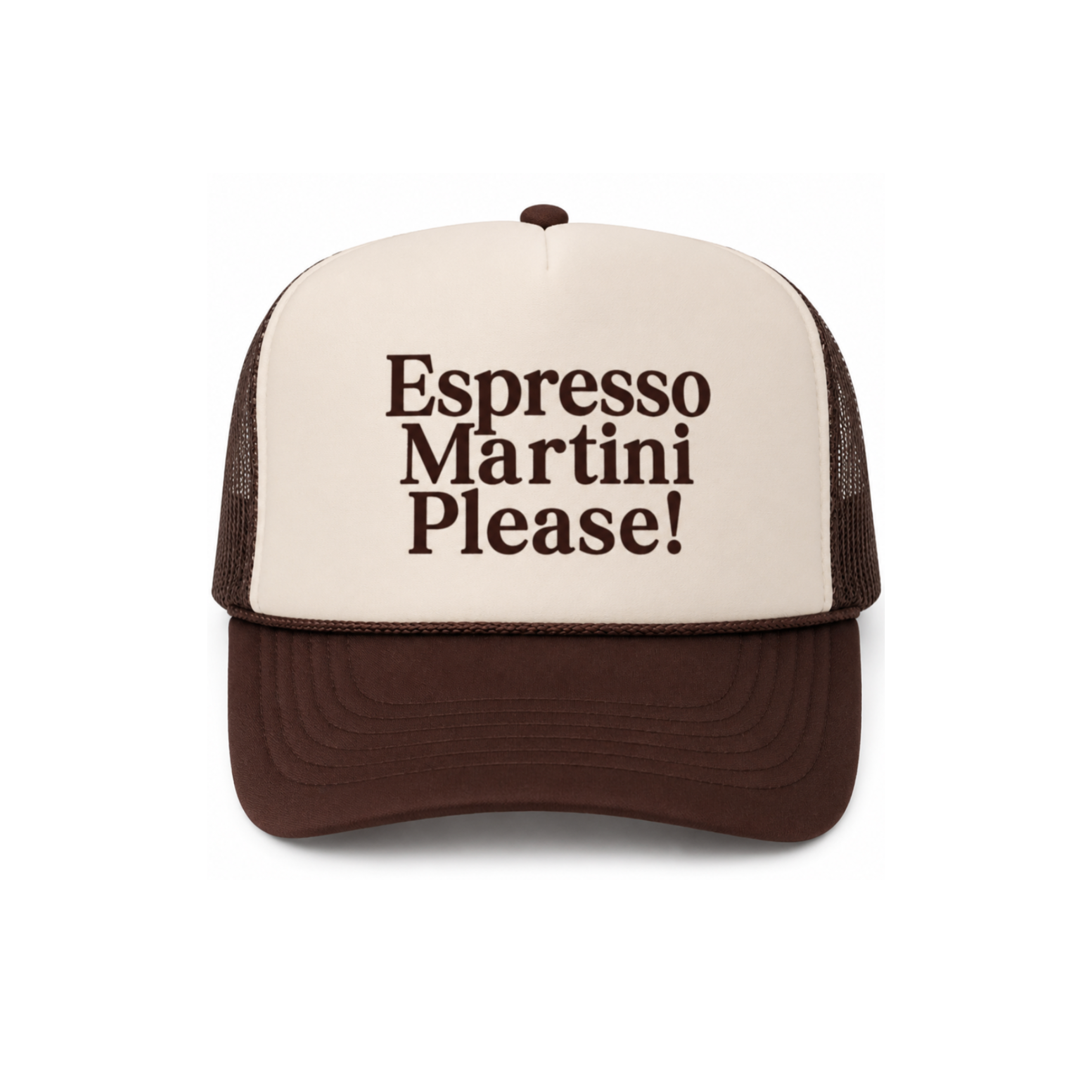 A brown and cream trucker hat with the text 'Espresso Martini Please!' printed in brown on the front panel, shown against a plain white background.