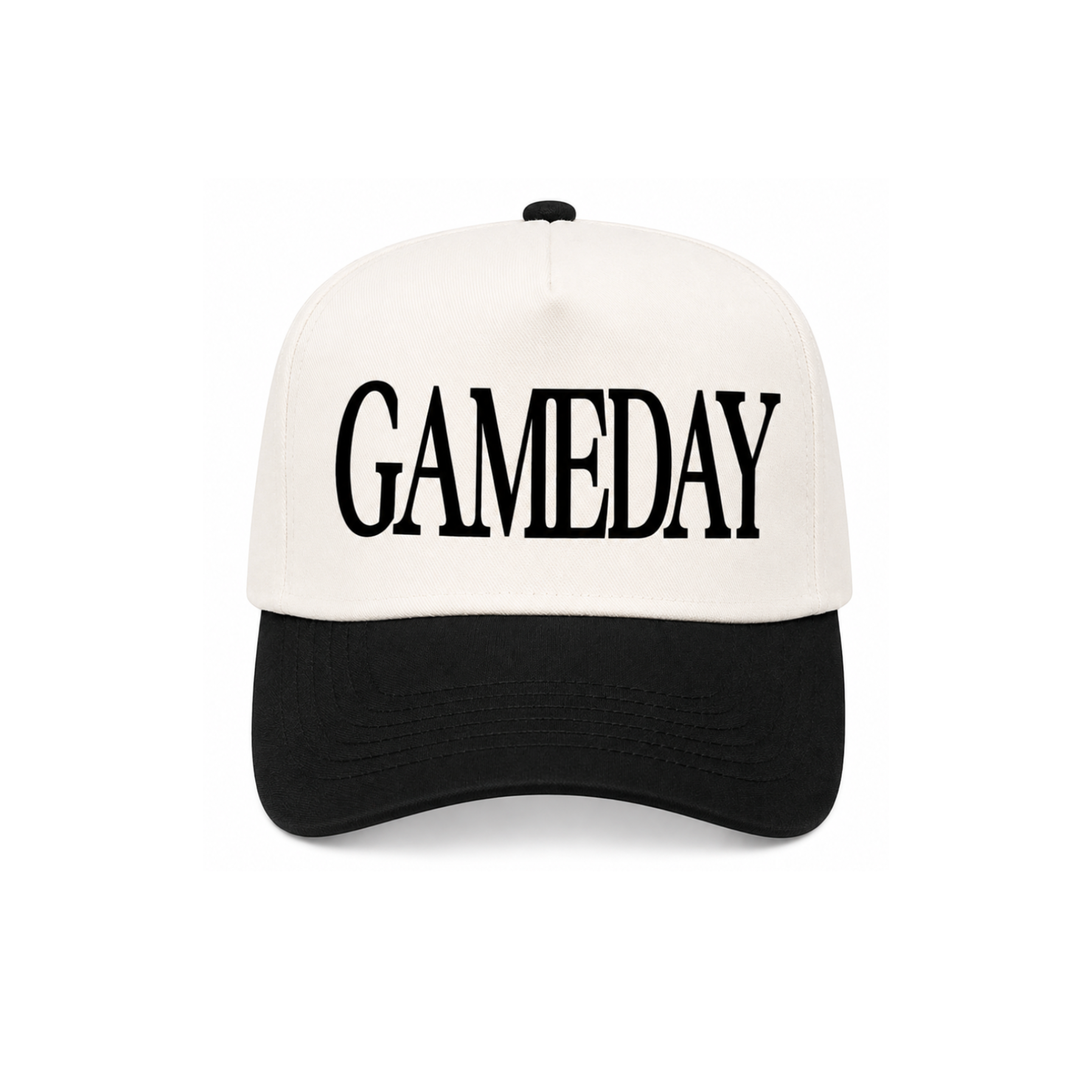 A structured baseball cap with an off-white crown and a black curved brim, featuring the word 'GAMEDAY' embroidered in black across the front. The cap is photographed against a clean white background.