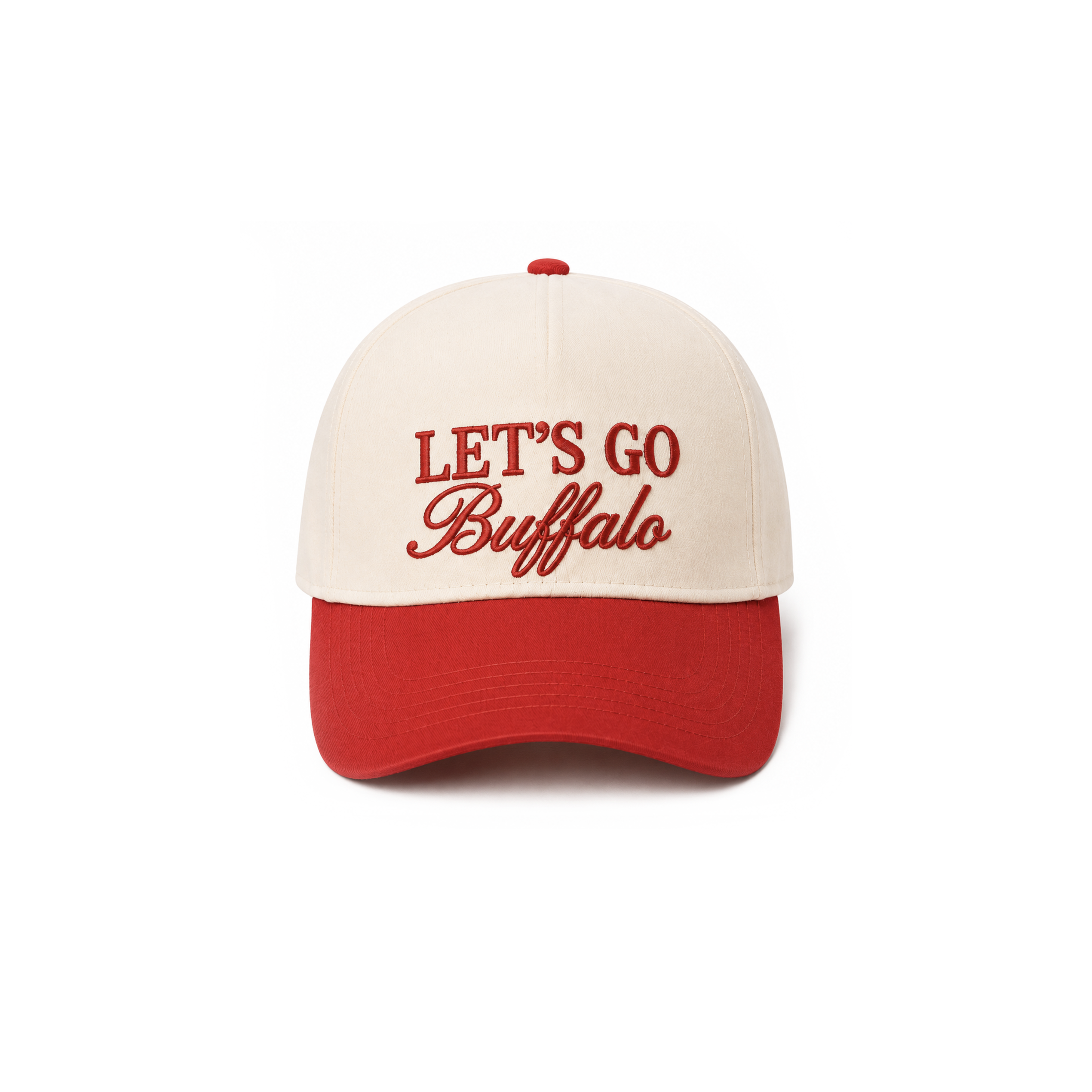 A baseball cap with an off-white crown and a red curved brim, featuring the embroidered text 'LET'S GO Buffalo' in red on the front. The cap is photographed against a clean white background.