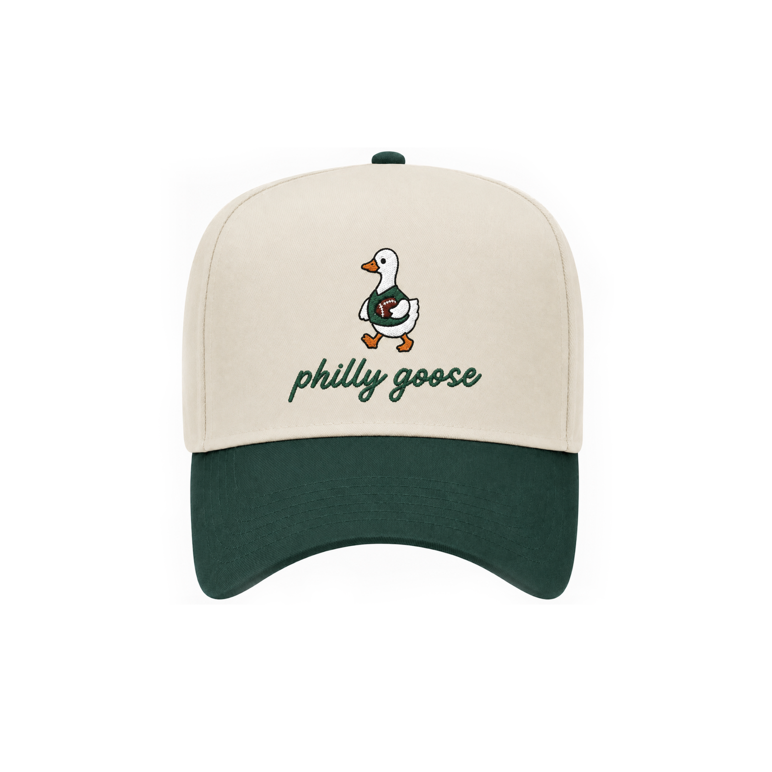 A baseball cap with an off-white crown and a dark green visor, featuring an embroidered walking duck wearing a green sweater with 'philly goose' written below in green script.