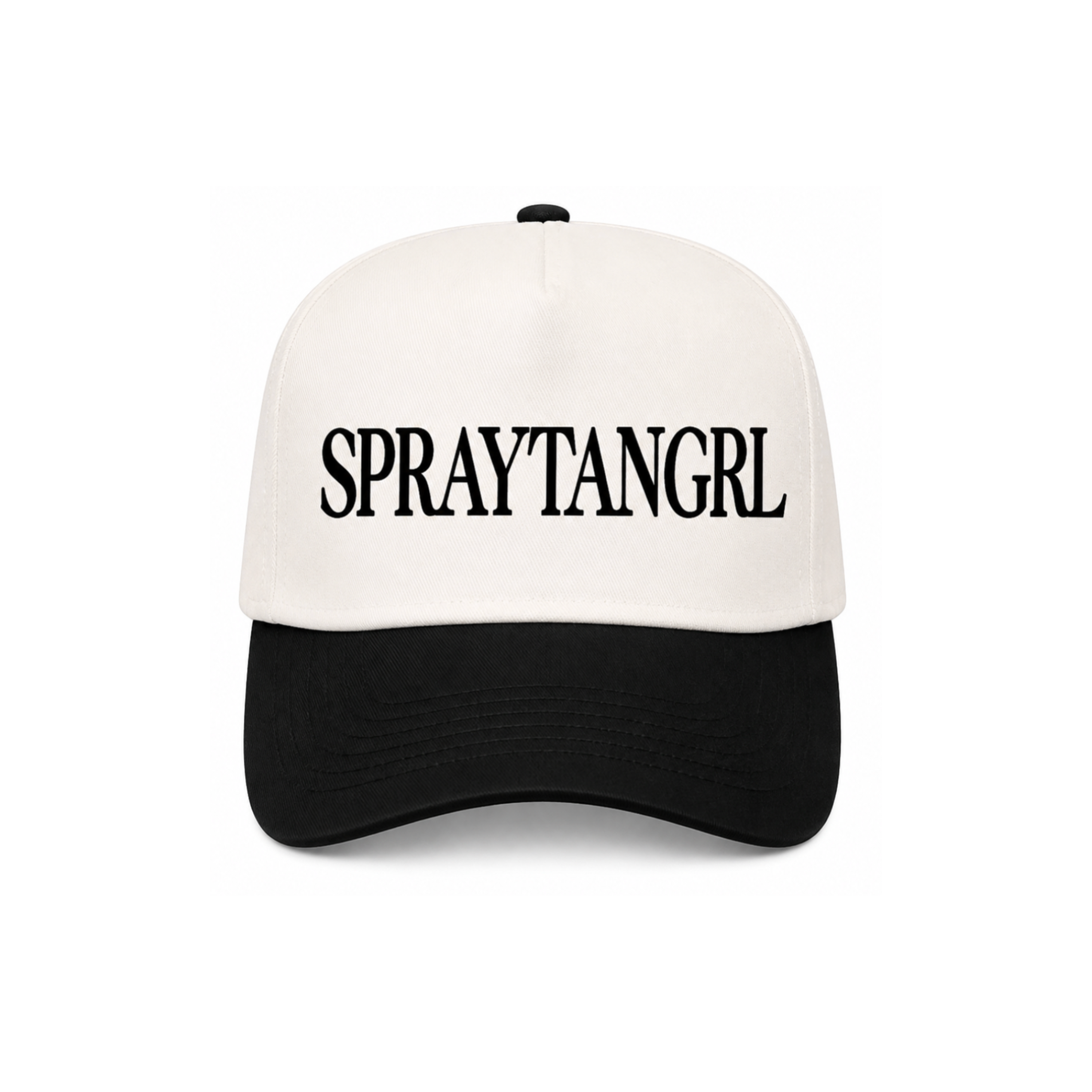 A black and off-white baseball cap with the text 'SPRAYTANGRL' printed in black serif font across the front panels, shown against a plain white background.
