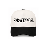 A black and off-white baseball cap with the text 'SPRAYTANGRL' printed in black serif font across the front panels, shown against a plain white background.