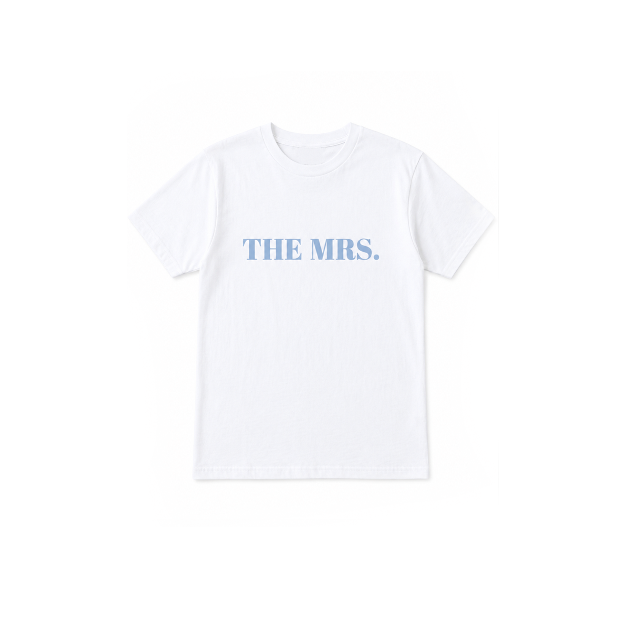 A white short-sleeve crewneck t-shirt with the text 'THE MRS.' printed in light blue across the chest, displayed flat against a solid white background.