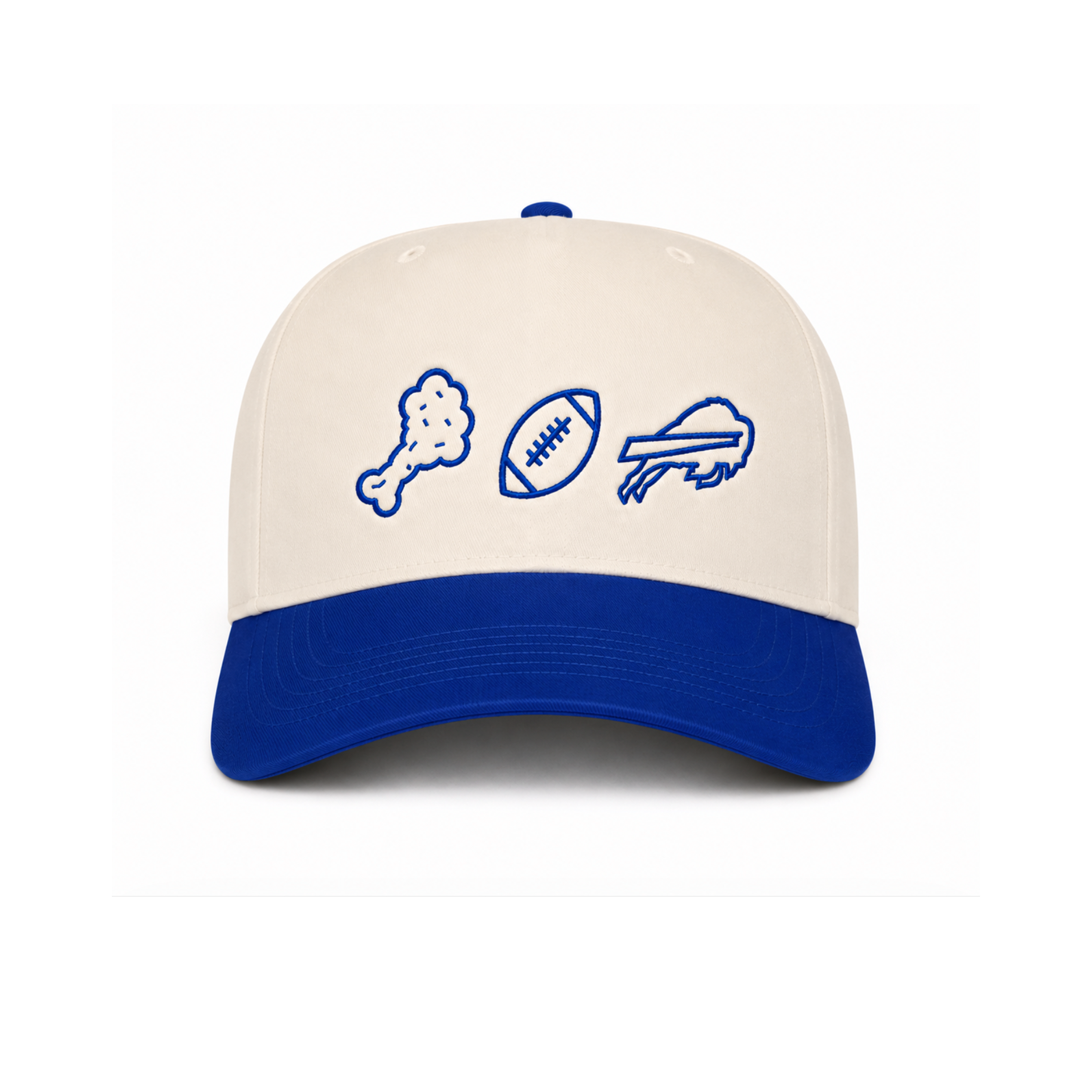 A structured baseball cap with an off-white crown and a royal blue brim, featuring three blue embroidered sports icons on the front: a chicken leg, a football, and a bills logo